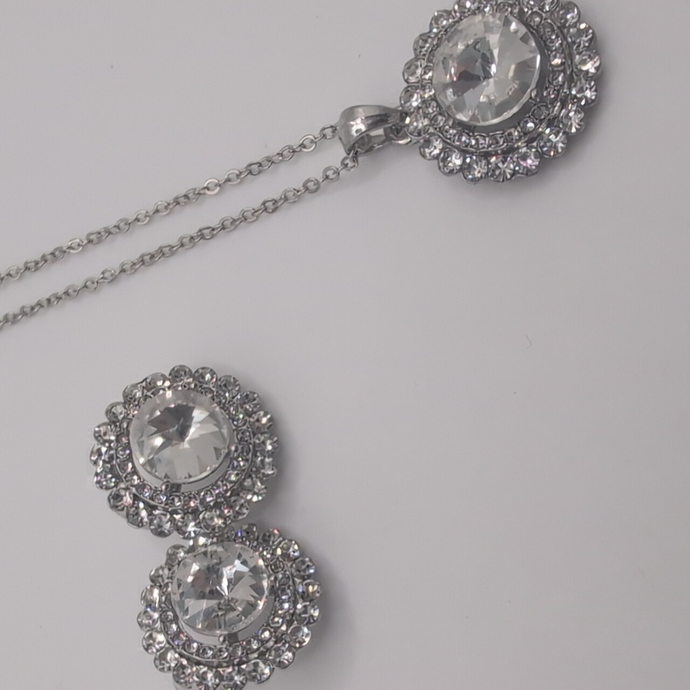 CZ Silver Plated Necklace & Pierced Earring Set - Picture 2 of 2